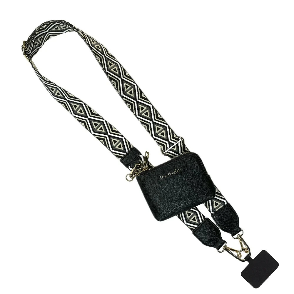 RFID-Blocking Save The Girls Phone Strap with Black & White Diamond Pouch Clip