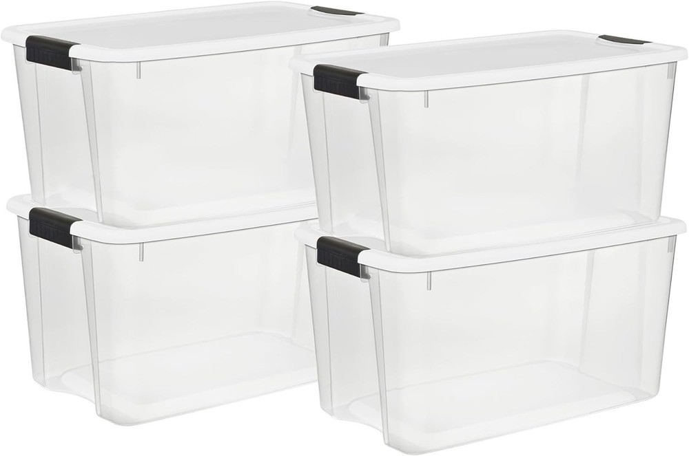 Sterilite 4 Pack Ultra Latching Box, Storage Bins with Lids, Clear Plastic, 70 Q