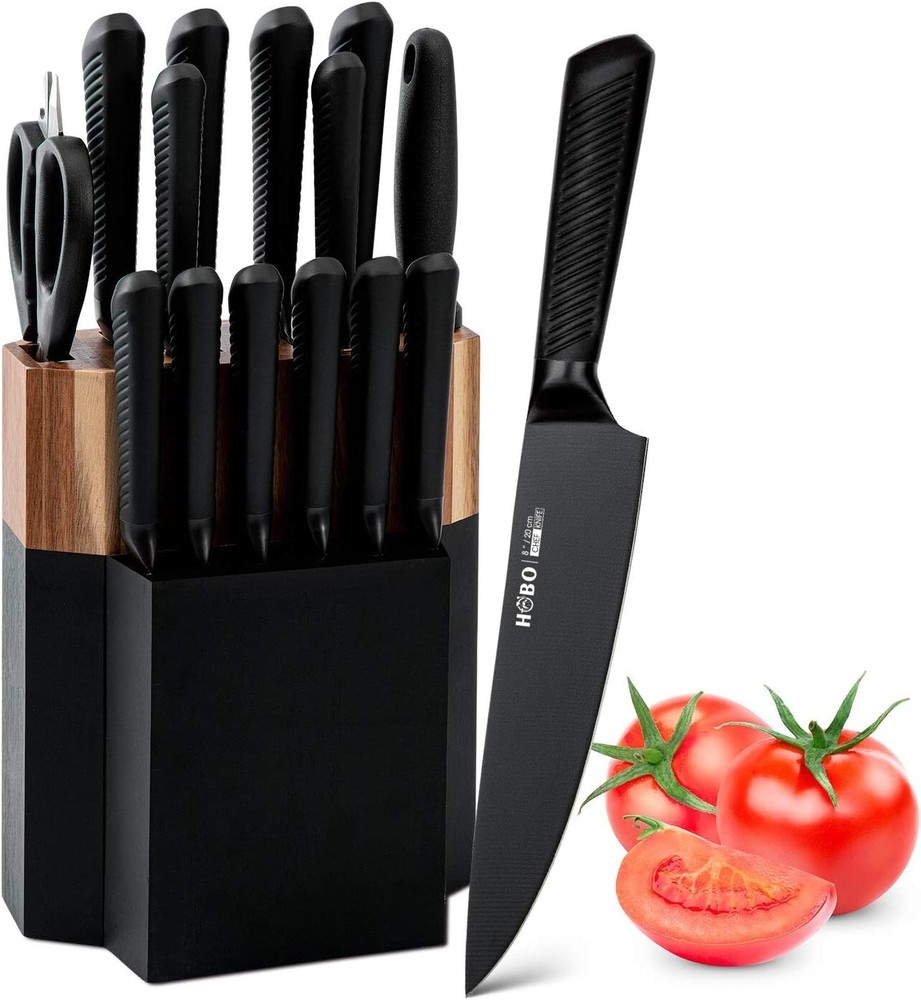 Modern 15-Piece Knife Block Set with Chef Knife and Built-In Sharpener