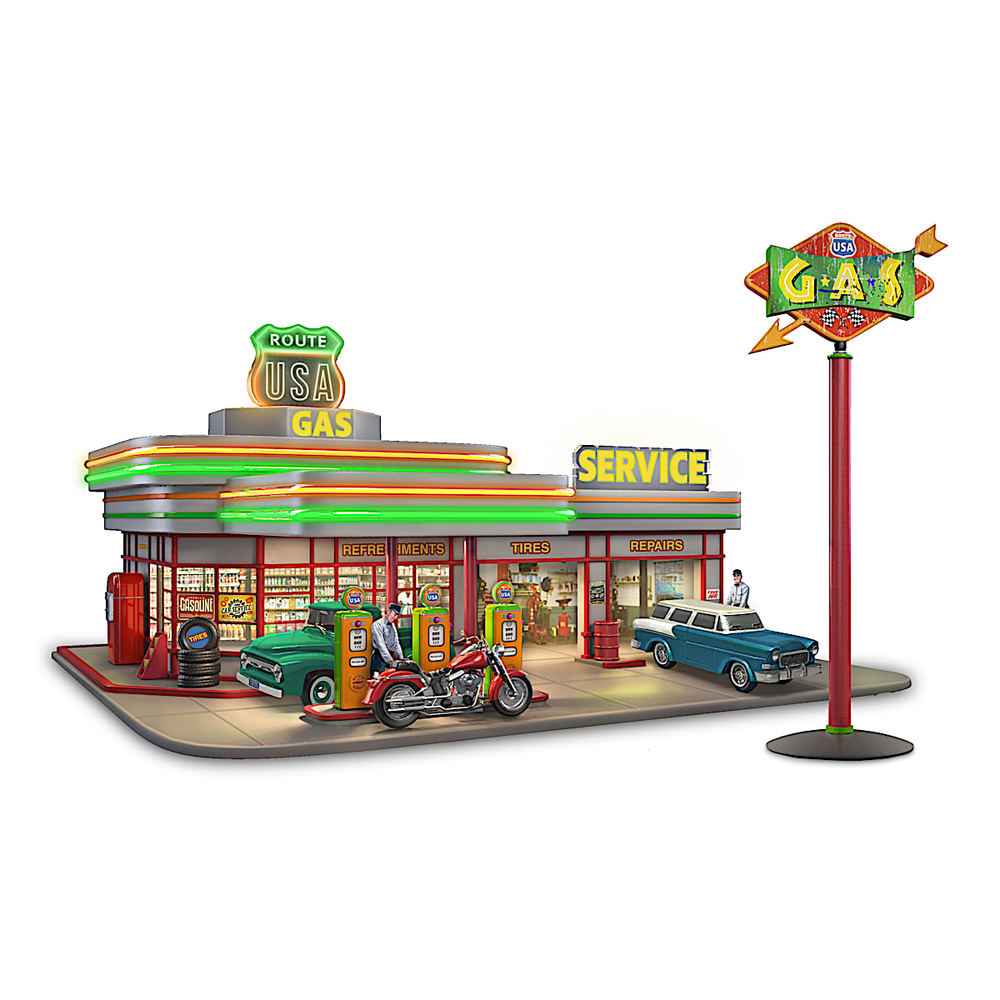 Bradford Exchange 1950s Retro Gas Station Lights Up With Display Options NEW