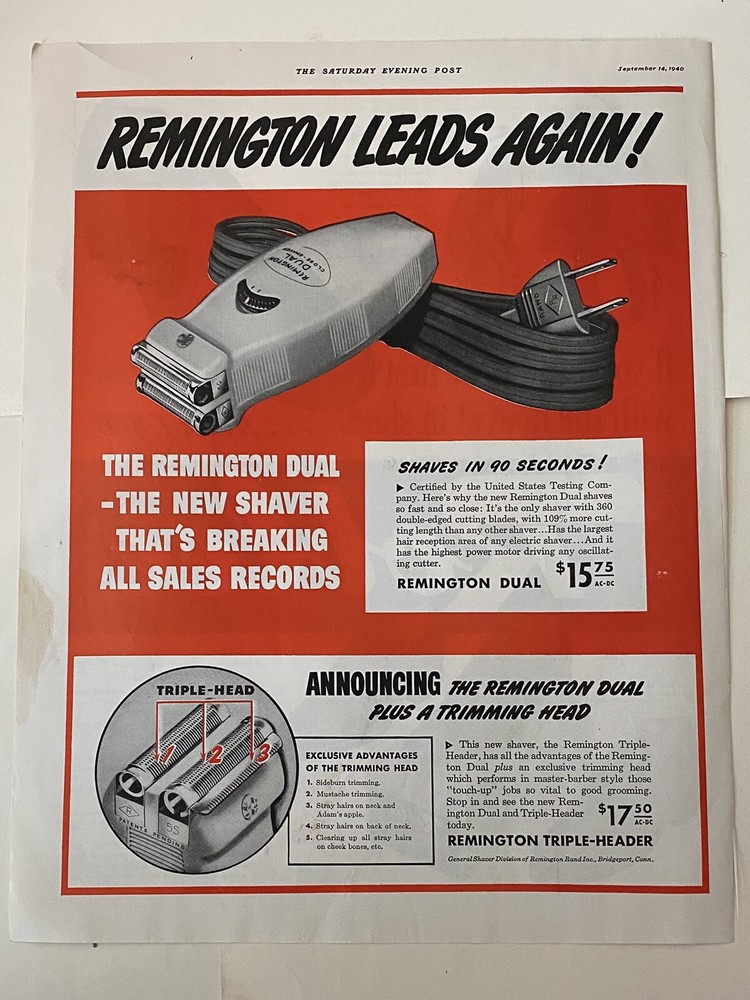 1941 REMINGTON ELECTRIC RAZOR Shaver Original Vintage Print Ad 11 X 13