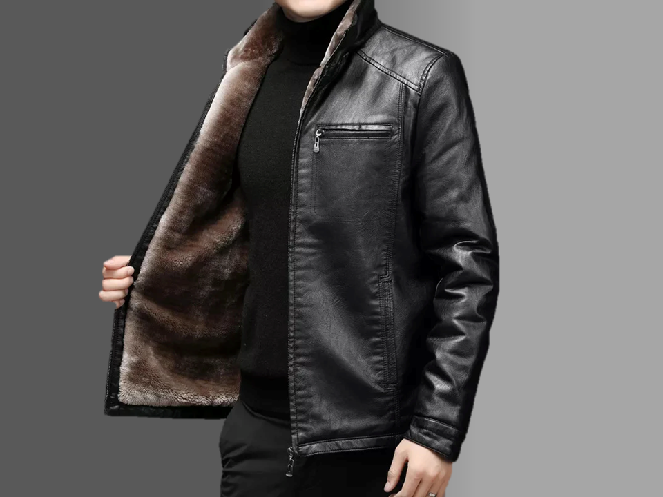 Fur Lined Men's Genuine Leather Jacket Faux  Slim Fit Warm Winter Style, XS-4XL