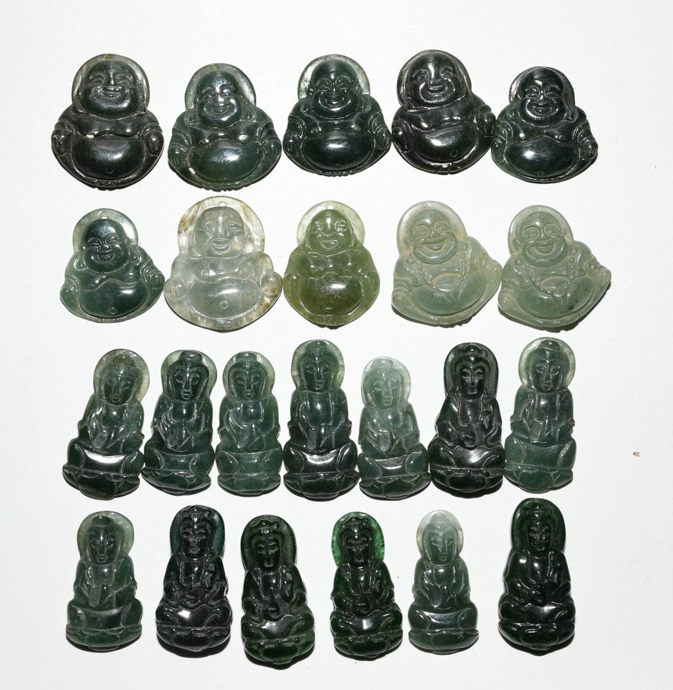 3CM Collect China Dynasty Jadeite Emerald Kwan-yin Maitreya Amulet Pendant Set