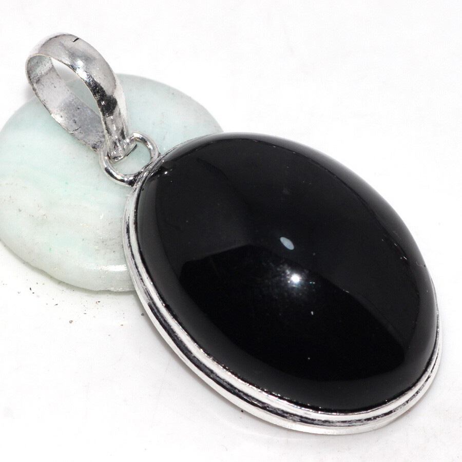 925 Silver-Plated Black Onyx Ethnic Pendant Handmade Gemstone Jewelry with 2 Inch Drop JW