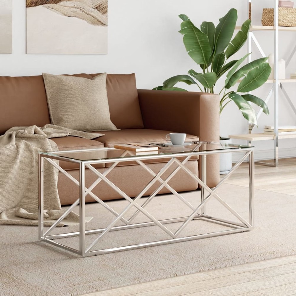 Coffee Table Silver Stainless Steel and Tempered Glass Medium