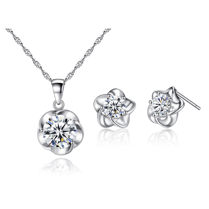 STERLING SILVER HAWAIIAN PLUMERIA FLOWER Pendant Necklace Stud Earrings Set B12