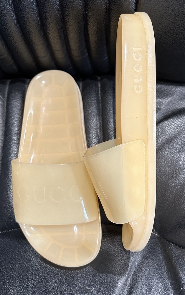 GUCCI Transparent Yellow Rubber Logo Slide Sandals Men Size EU 41 US 8 $450