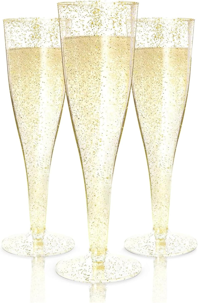 100 Gold Plastic Champagne Flutes – 4.5 Oz Disposable Toast Glasses