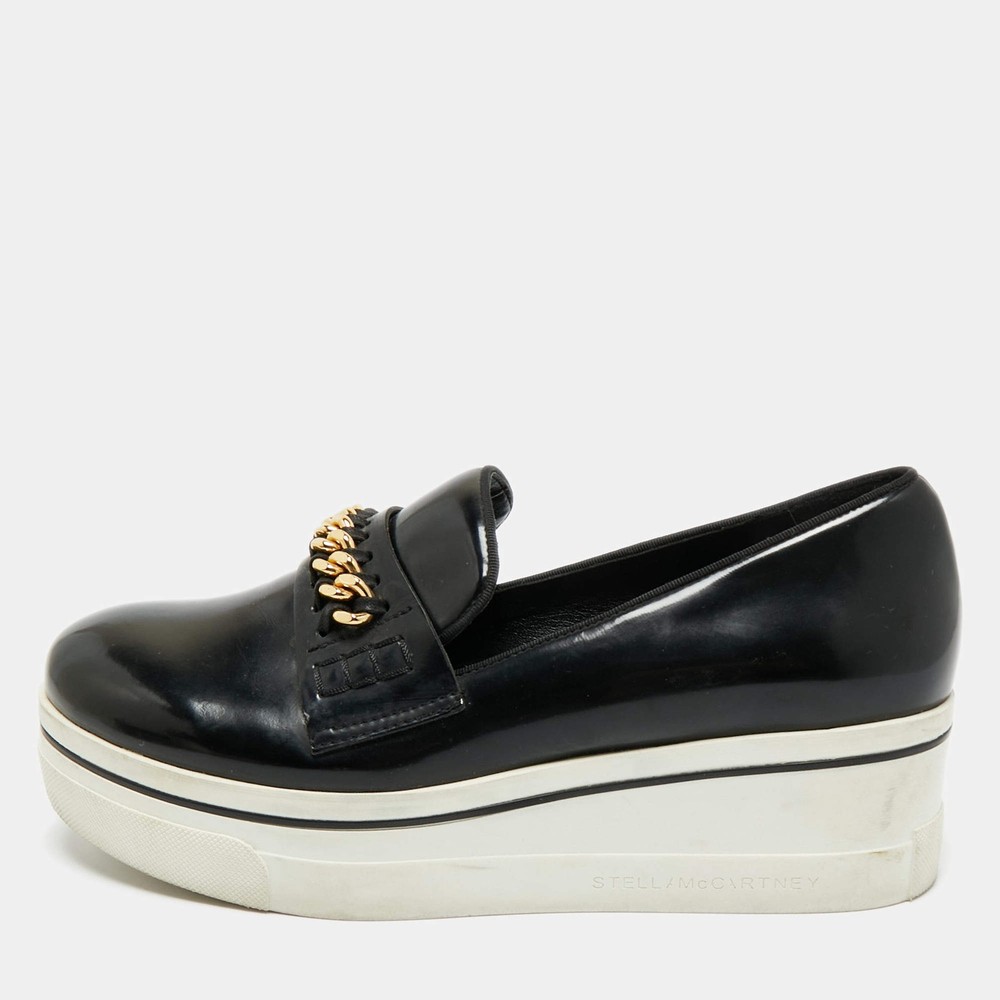 Stella McCartney Black Faux Leather Chain Link Platform Slip On Sneakers Size 38