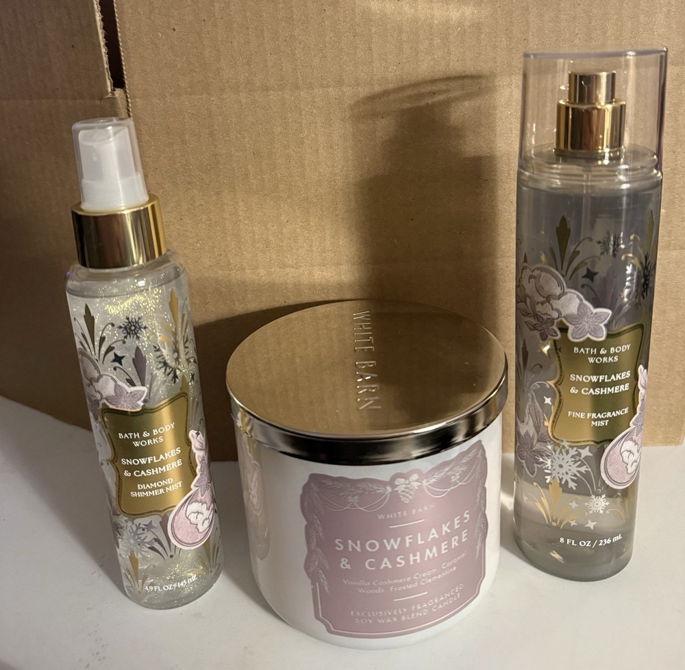 Bath & Body Works SNOWFLAKES & CASHMERE 3-wick Candle, Glitter & Body Spray