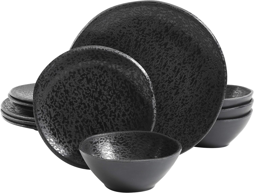Yoko round Melamine Plastic Dinnerware Set, Service for Four (12Pcs), Matte Blac