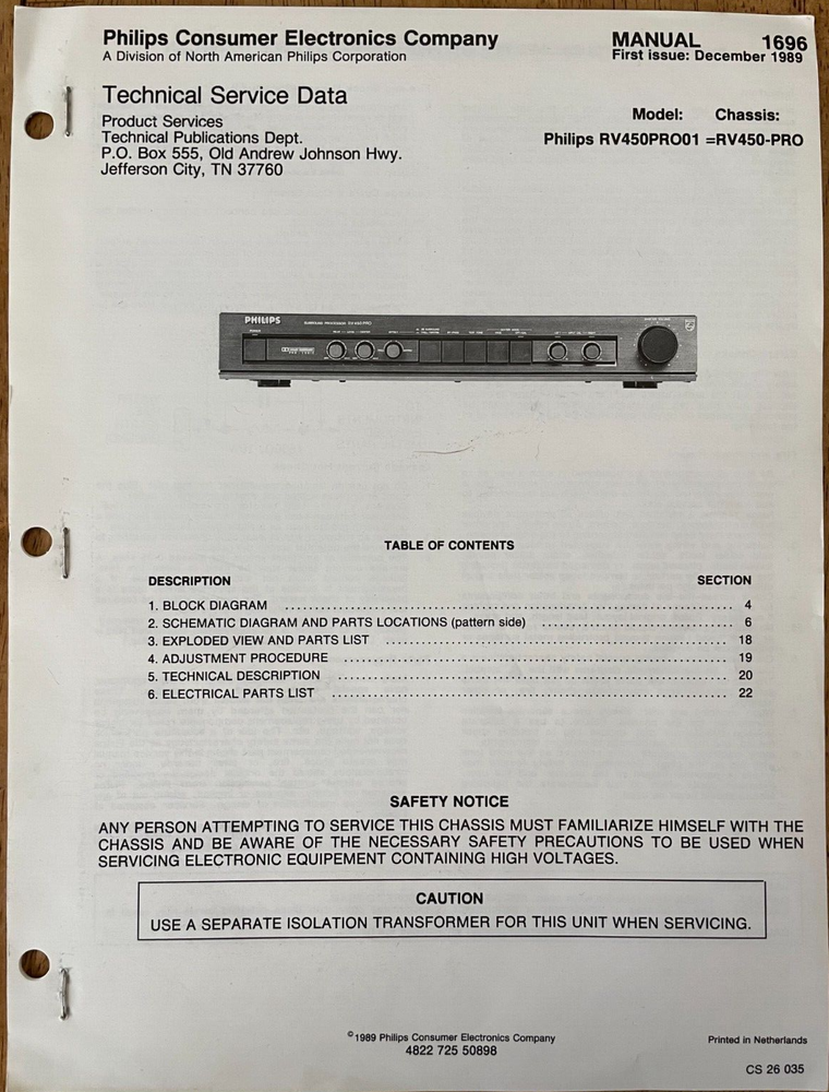 PHILIPS 1696 RV450PRO01 RV450-PRO SURROUND ORIGINAL SERVICE REPAIR MANUAL