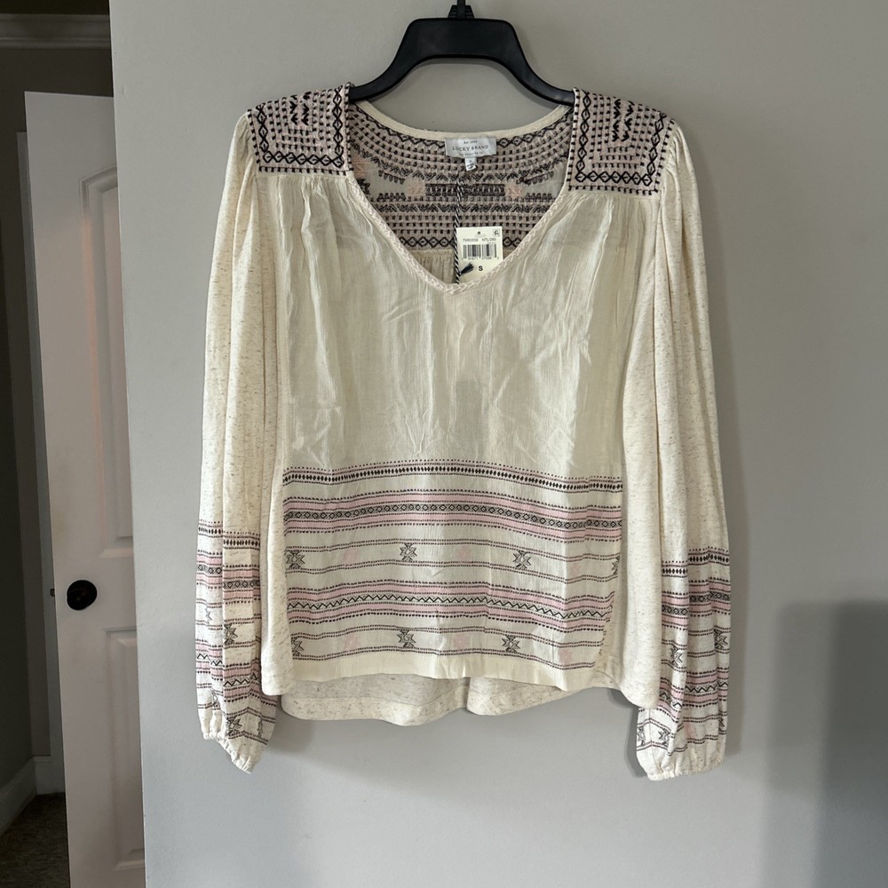 Lucky Brand Womens Boho Embroidered Tan Oversized Balloon Sleeve Top Size S