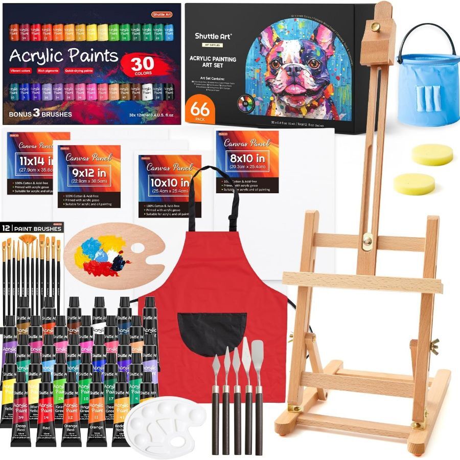 66 Pack Acrylic Paint Set, 30 Colors Acrylic Paint, Wooden Easel for Kids