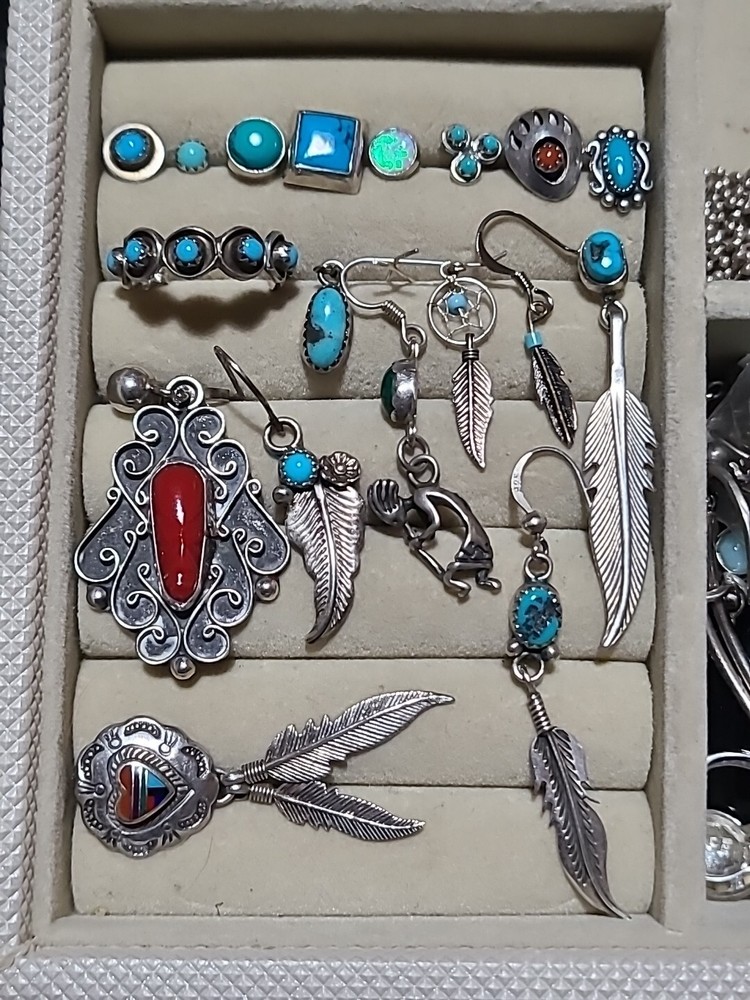 18 Vintage Native American Single Earring Lot Some Signed Turquoise Coral Opal
