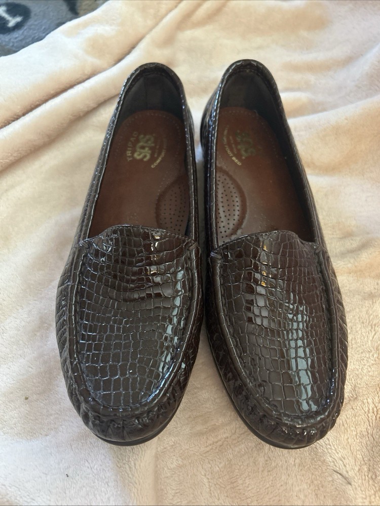 SAS Brown Tripod Moc Croc Slip-on Leather Comfort Loafers Women 8.5 M Shoe