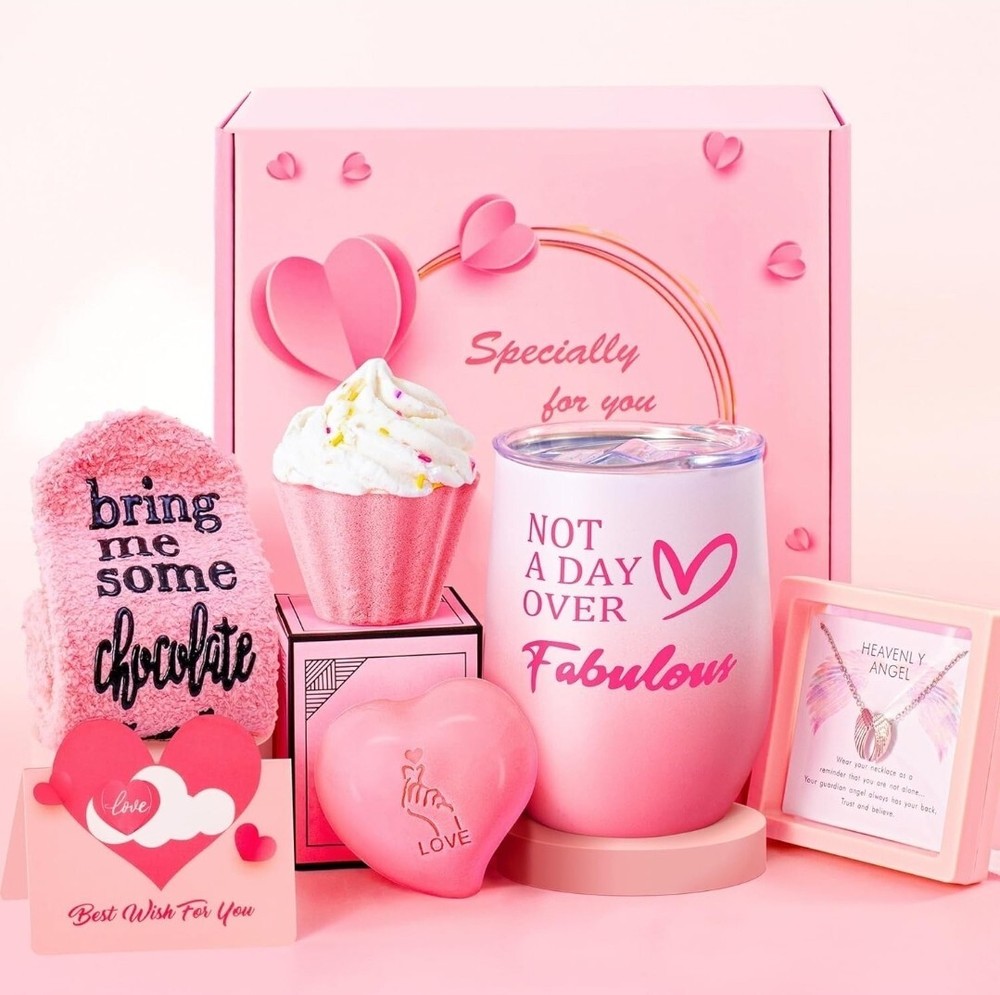 Valentines Day Gift With Wine Tumbler, Bath Bomb, Candle,Socks +2 FREE GIFTS-image