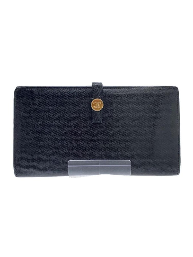 CHANEL Black Leather Bifold Long Wallet with Gold CC Button Pre-Loved