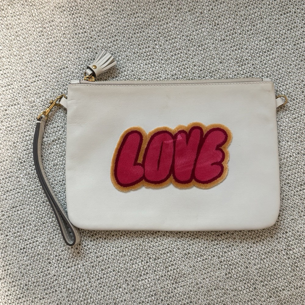 Anya Hindmarch LOVE Wristlet Pouch in Off-White Leather with Velvet Lettering