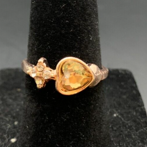 Vintage Antique Gold Tone Rhinestone CZ Heart Ring - Size 6