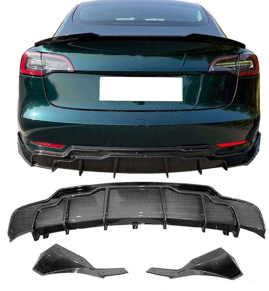 Tesla Model 3 2017-2022 Rear Lip Spoiler Bumper Diffuser in Carbon Fiber Style