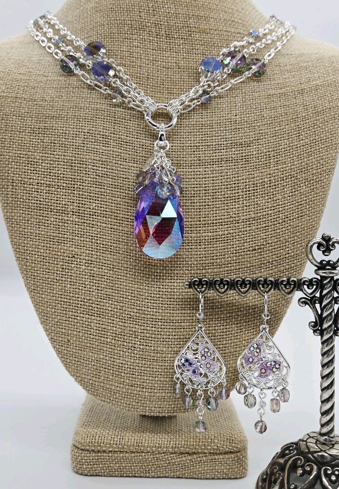 Kirks Folly Fantasia Necklace Crystal Lilac Dream Charm & Earrings ST 3 pc Lot