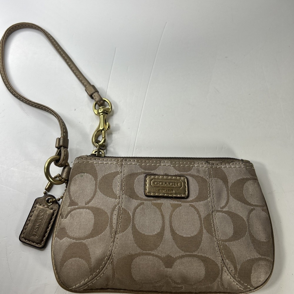 Coach Small Jacquard & Leather Wristlet with Gold Hang Tag in Khaki