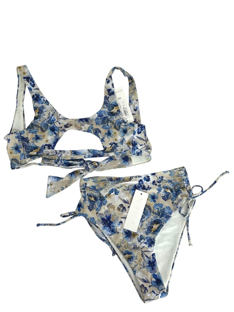 PHAX Two Piece Bikini Set Sz XS Blue Floral High Waisted Cheeky Cutout Tie Back