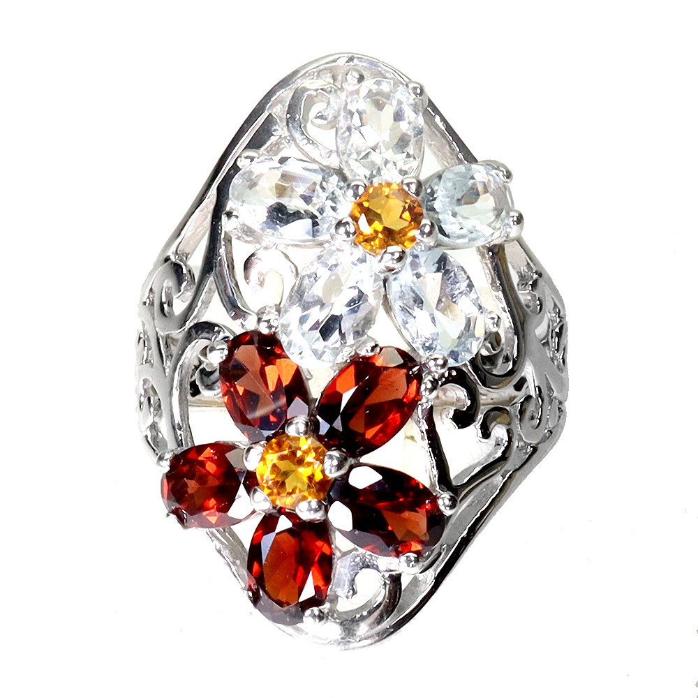 925 Sterling Silver Oval Aquamarine Citrine Mozambique Gemstone Ring Size 9