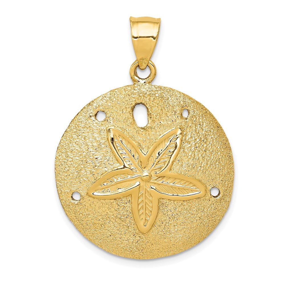 14K Yellow Gold Solid Polished Laser-Cut Sand Dollar Pendant L-38 mm, W-29 mm