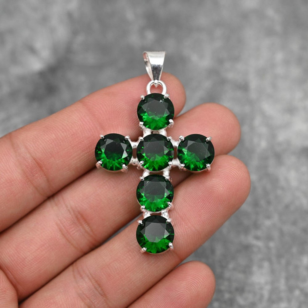 Chrome Diopside Cross Pendant in 925 Sterling Silver Handmade Jewelry Gift