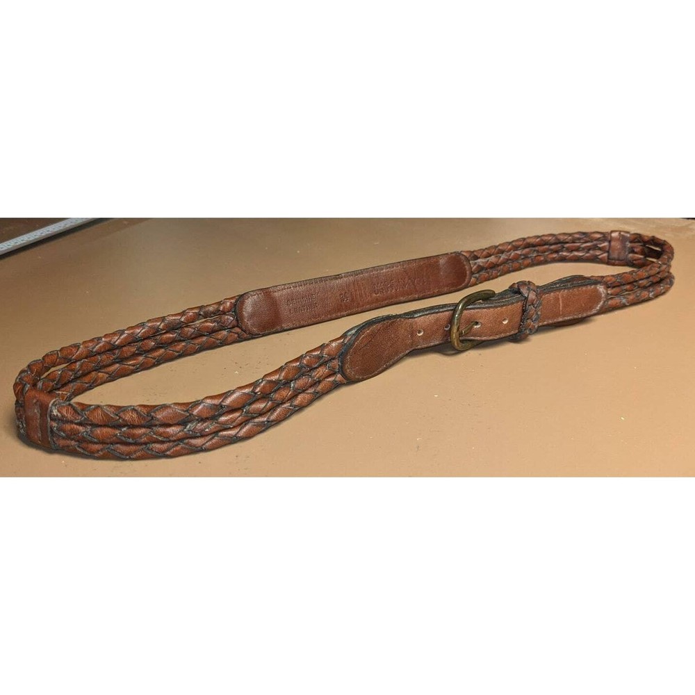 Vintage Three Strand Braided Genuine Leather Belt Solid Brass Buckle size 34