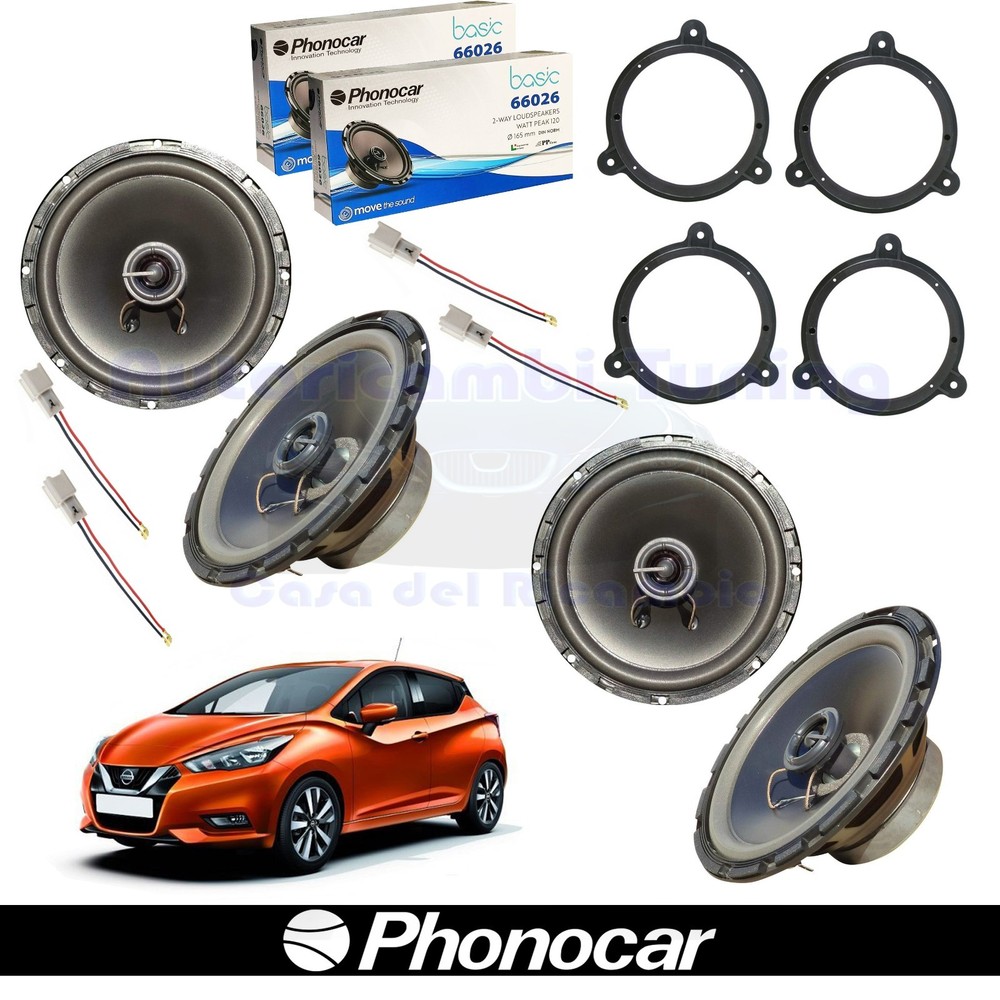 PHONOCAR 66026 Ant + Post Coax Speakers 165mm 60w for Nissan Micra V