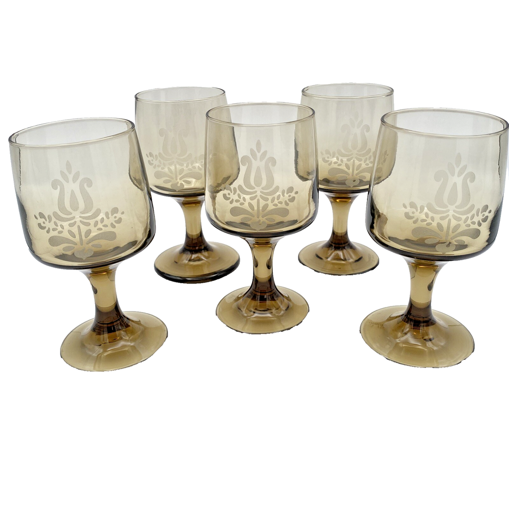 Pfaltzgraff Village 6 oz Smoky Brown Etched Wine Goblets Set of 5 Vintage