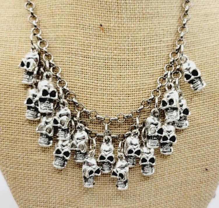 Skull Dangle Charm Chain Bib Necklace Halloween Jewelry Silver tone
