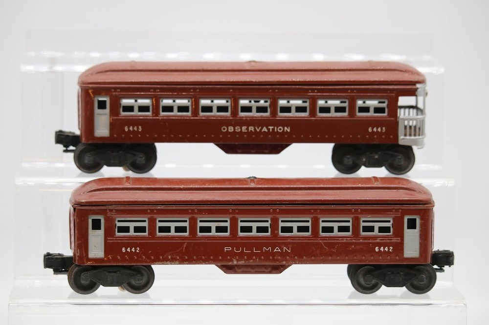 Lionel Pre-War Tin Litho Pullman Passenger Car 6442 with Observation Car 6443 O Gauge