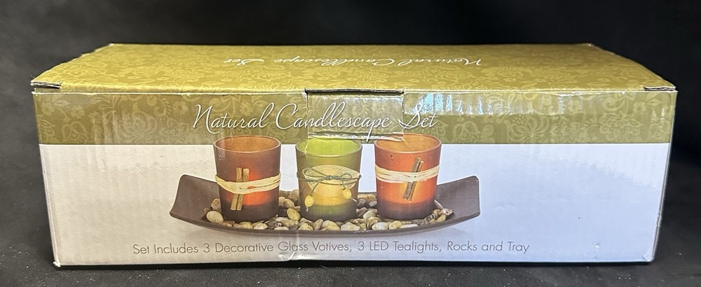 Natural Candlescape Set with Tray, 3 Votive Cups, LED Tea Lights, and Decorative Rock