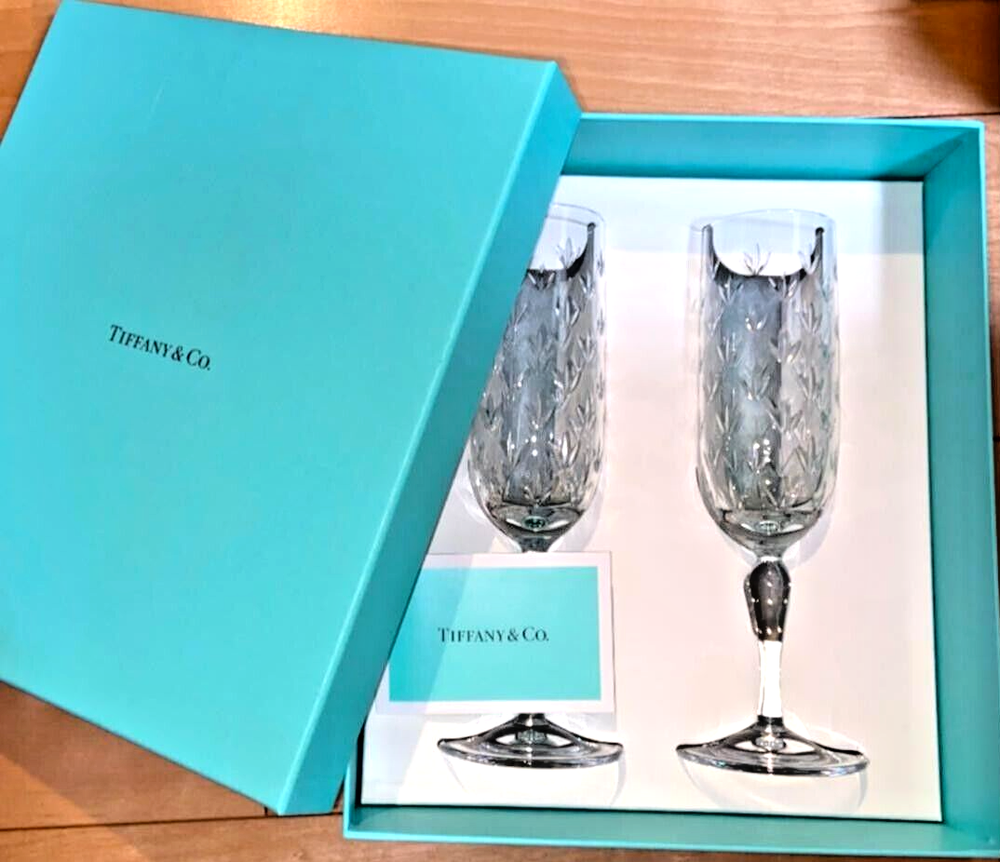 Tiffany & Co. Floret Champagne champaign Pair Set Wine Glass Blue Box From Japan
