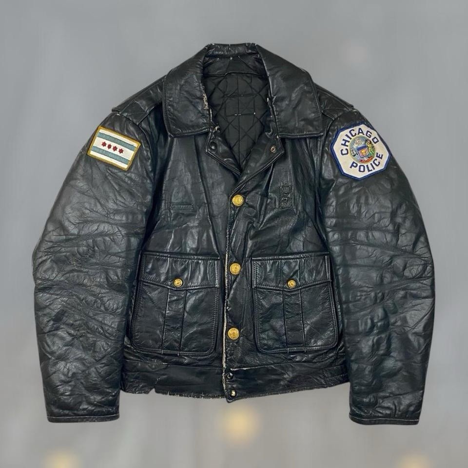 VTG 70s Chicago Police Uniform Leather Jacket Coat Adult M/L Black Punk Grunge
