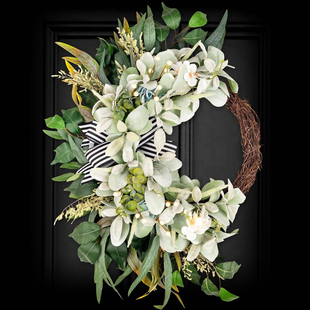 Year-Round 20in Artificial Lambs Ear Wreath for Front Door