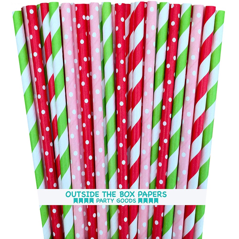 Strawberry Shortcake Theme Polka Dot and Striped Paper Straws 7.75 Inches 100...