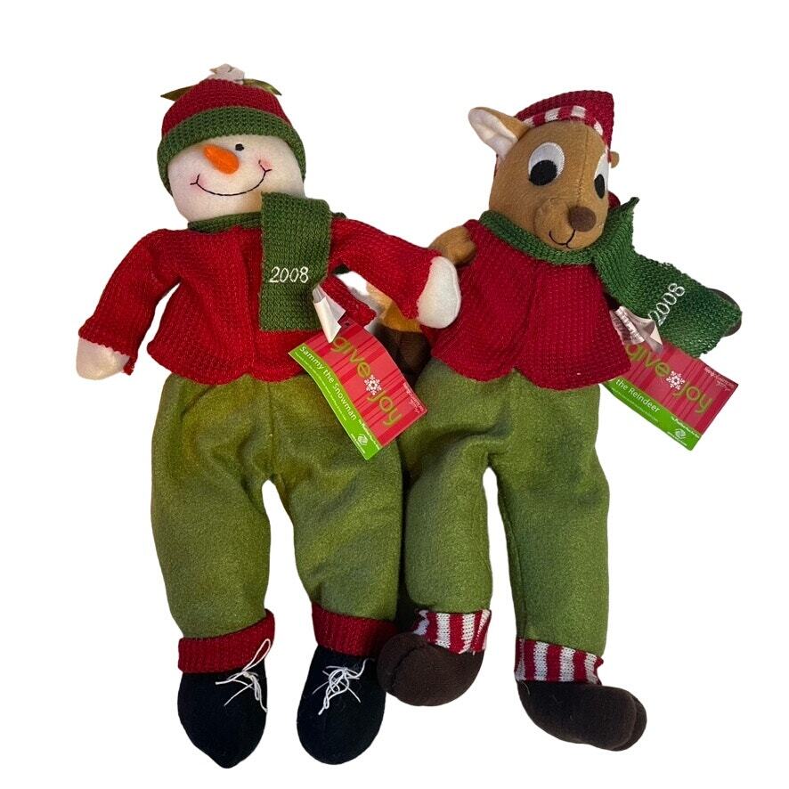 Set of 2 Reindeer Snowman Sitable Stuffed Animal NWT 2008 Christmas Holiday