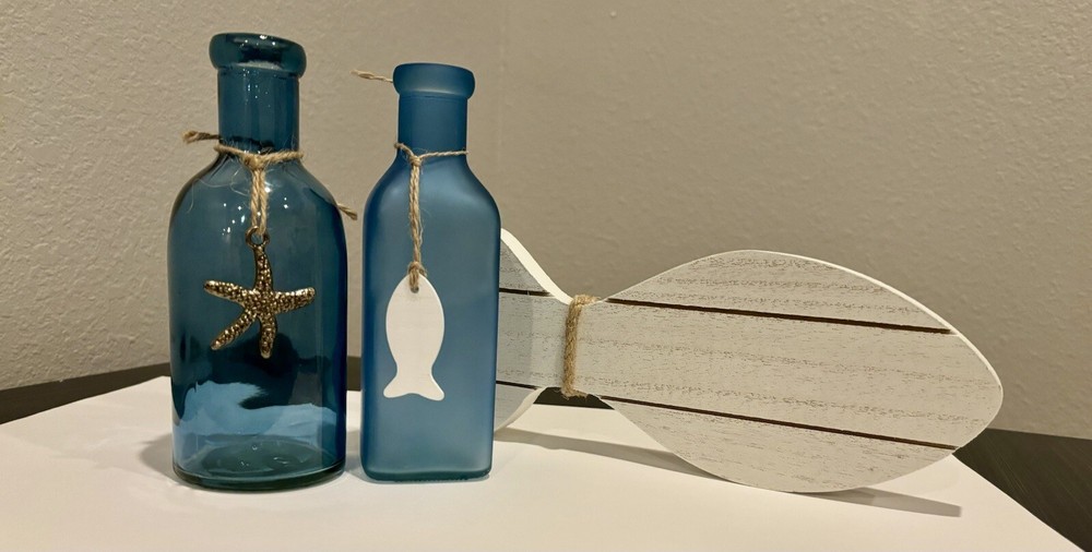 Beach Themed Blue Glass Bottles With Charms & White Fish Home Decor Beach Lake