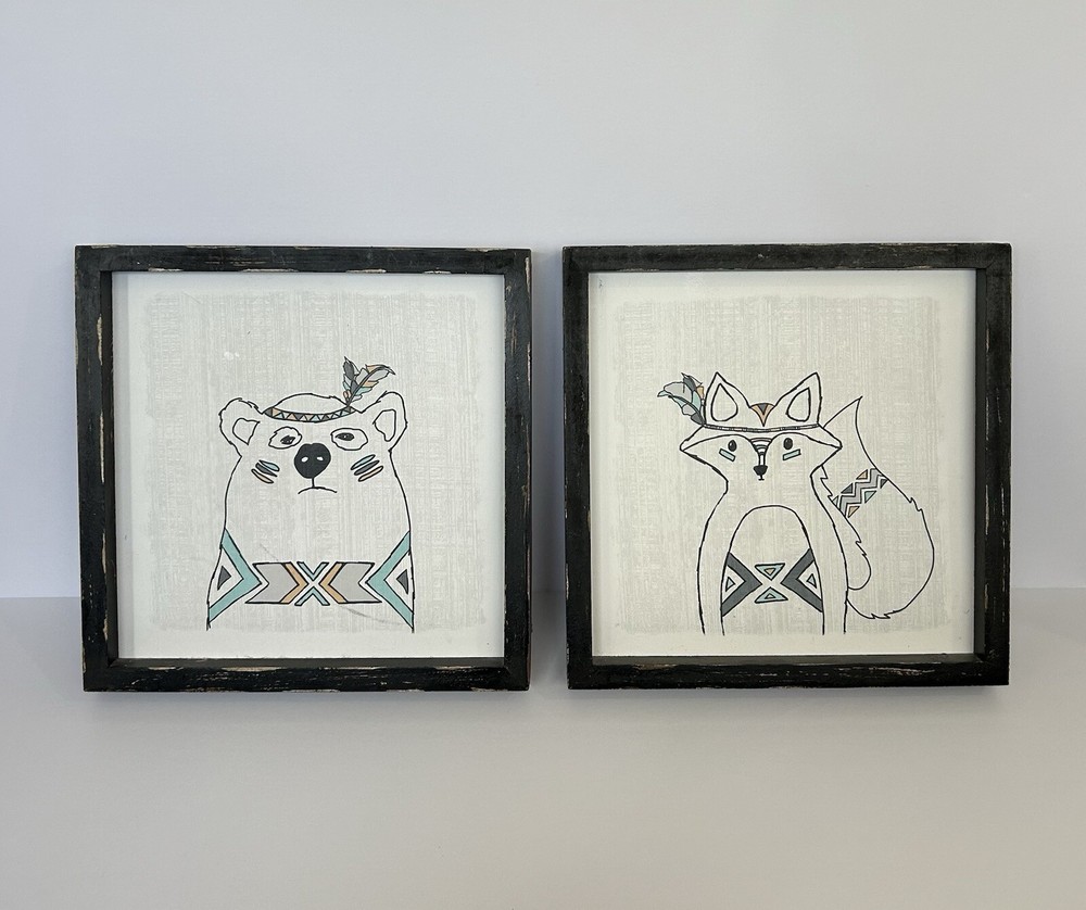 Framed Fox and Bear Cartoon Animal Art Prints  