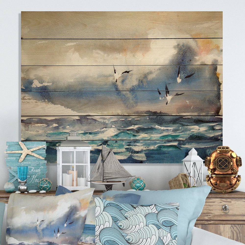 Designart 'Seagulls Sunrise Romance' Nautical & Coastal Wood