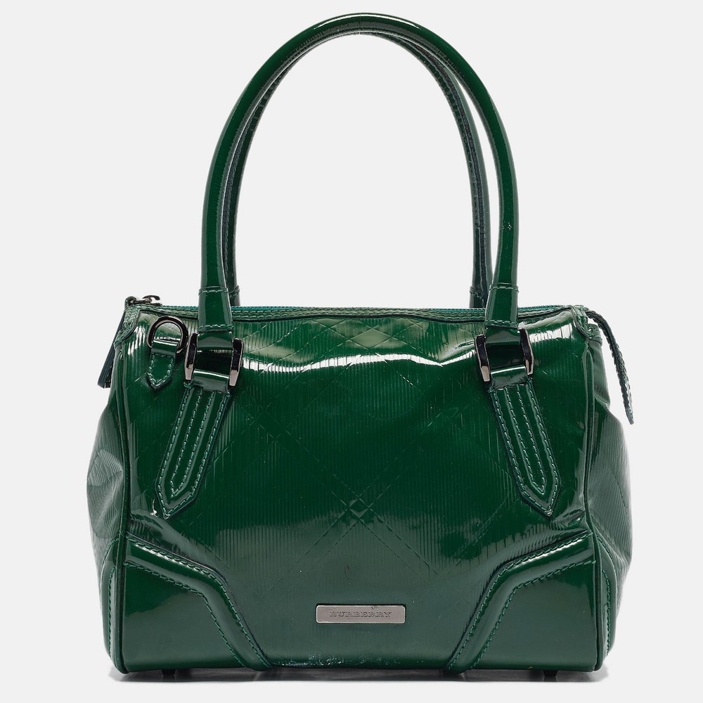 Burberry Green Check Embossed Patent Leather Anford Satchel