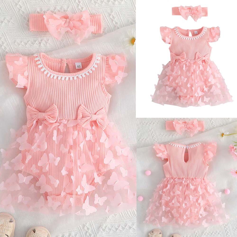 Kids Baby Girl Summer Outfits Mesh Romper Dress Newborn Clothes Bowknot Headband