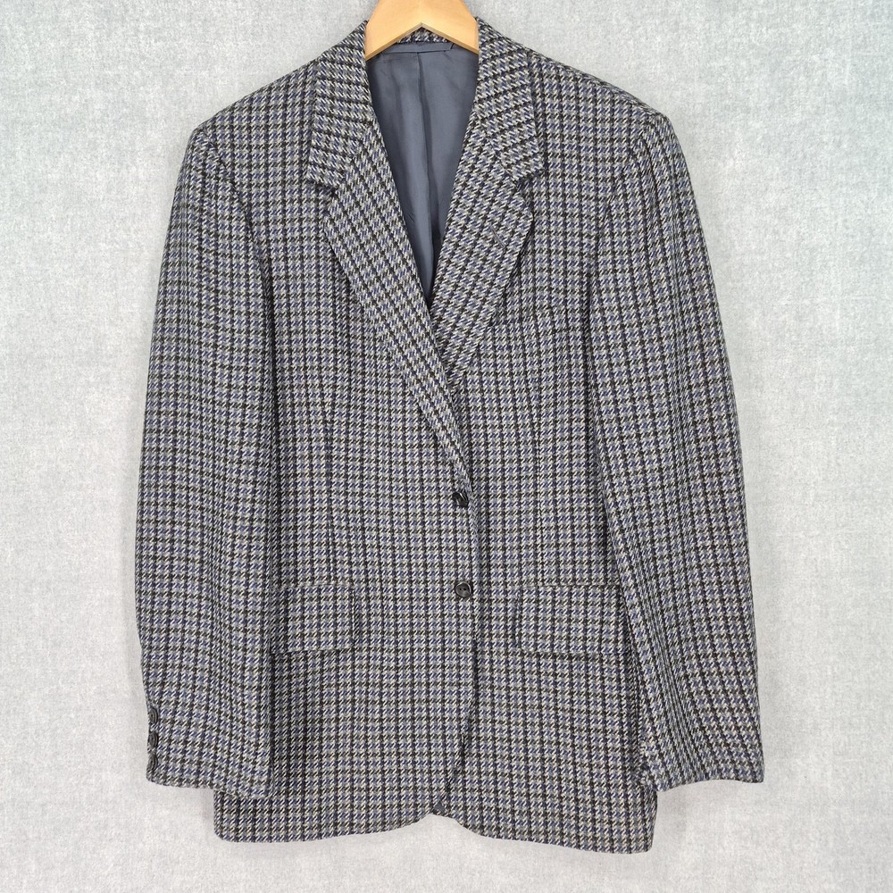 Vintage Oxxford Clothes Blazer Mens Gray Blue Houndstooth Pure Cashmere Jacket