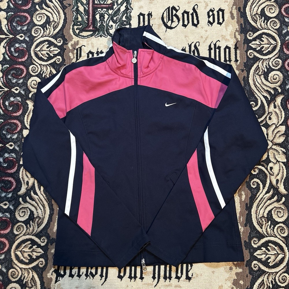 Nike Women's Navy Blue and Pink Full Zip Track Jacket SizeM (8-10)