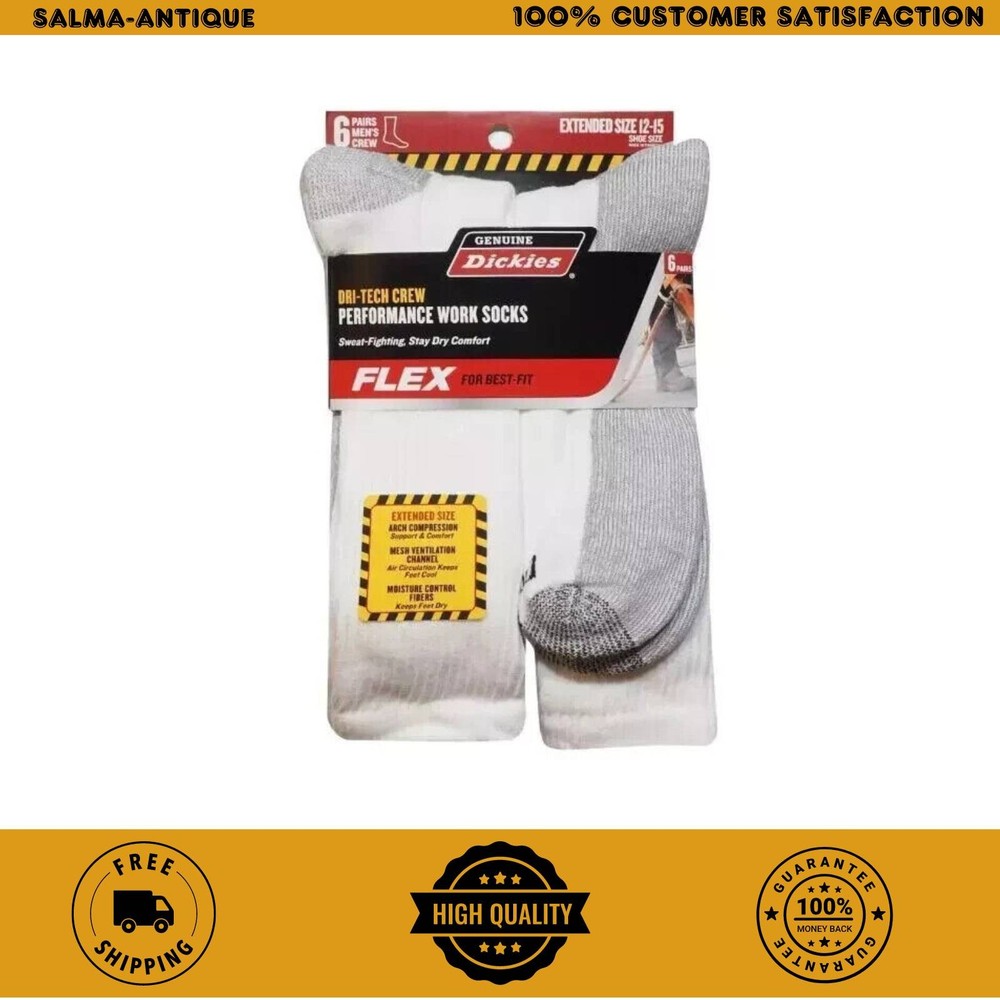 Dickies Dri-Tech Moisture Control Crew Socks 6-Pack for Men Shoe Size 12-15